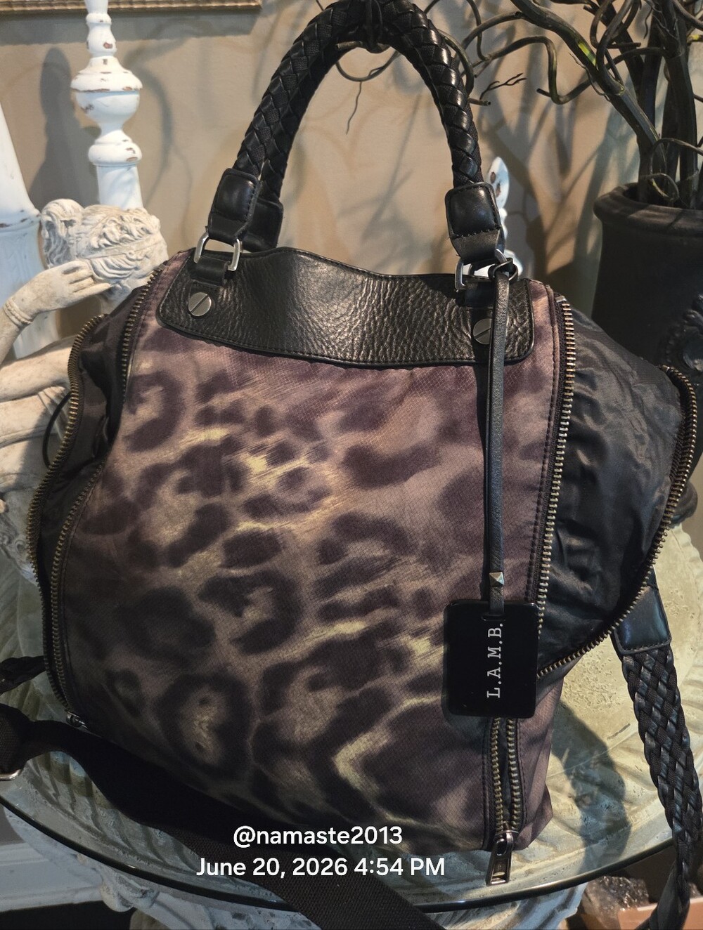 L.A.M.B. Women’s Leopard-Print Satchel in Brown Black Green Nylon Leather #801